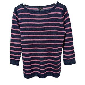 TALBOTS Linen Sweater Navy Pink Stripe 3/4 Sleeve Medium Petite Preppy Nautical